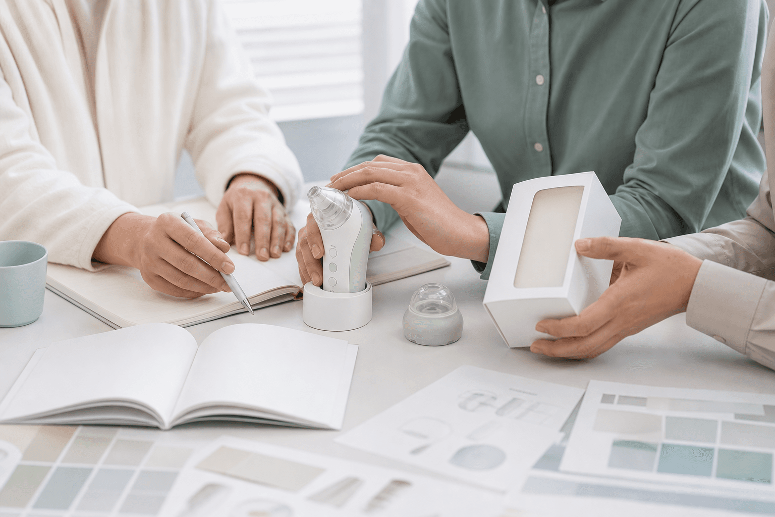Buyer and supplier reviewing a baby care device OEM project