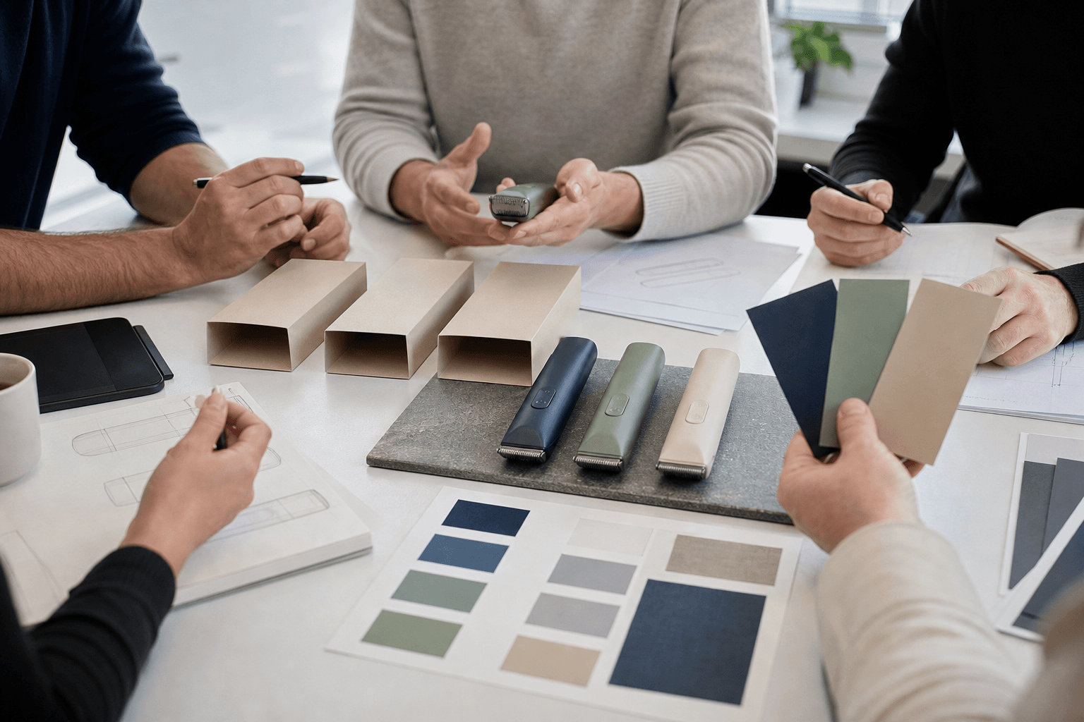 Buyer and production team reviewing color samples for a distributor program