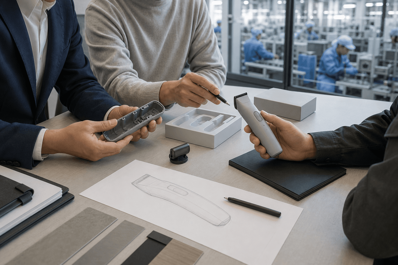 Cross-functional team reviewing a grooming product concept before production